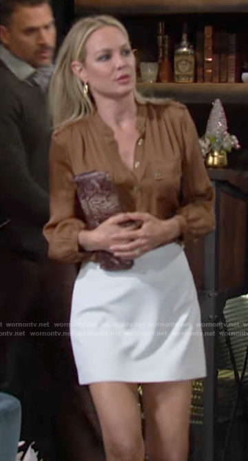 Sharon’s brown blouse with pockets on The Young and the Restless