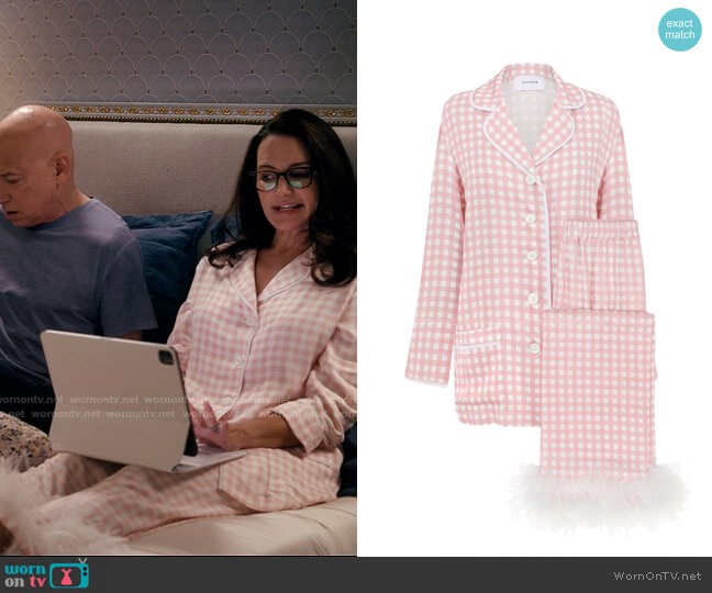 Sleeper Party Pajama with Feathers in Pink Vichy worn by Charlotte York (Kristin Davis) on And Just Like That