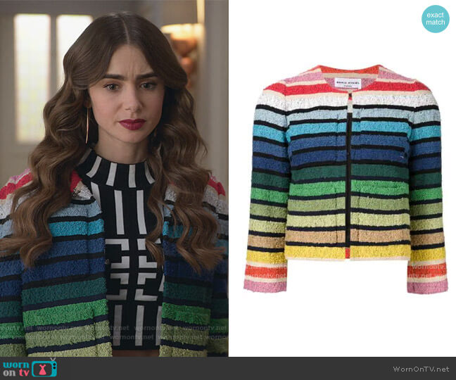 Rainbow Cropped Jacket by Sonia Rykiel worn by Emily Cooper (Lily Collins) on Emily in Paris
