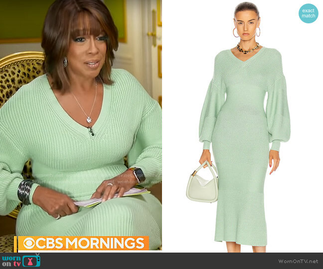 Staud Carnation Dress in Sage worn by Gayle King  on CBS Mornings