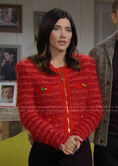 Steffy's red tweed Christmas jacket on The Bold and the Beautiful