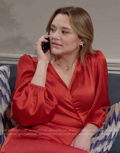 Summer's red satin wrap dress on The Young and the Restless