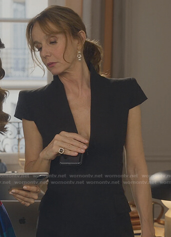 Sylvie's black cap sleeve v-neck dress on Emily in Paris