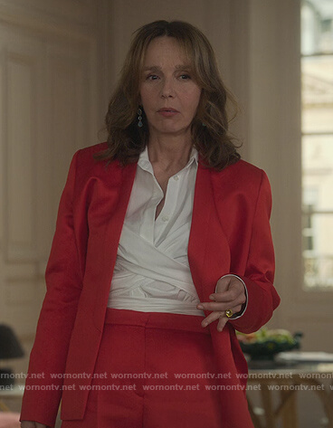 Sylvie’s red wrap blazer and white blouse on Emily in Paris