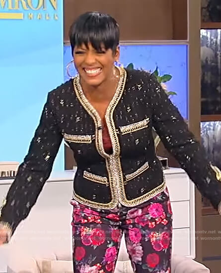 Tamron's black embroidered jacket and floral pants on Tamron Hall Show