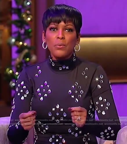 Tamron’s black jewel embellished dress on Tamron Hall Show