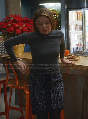 Taylor’s blue tweed skirt on Bull