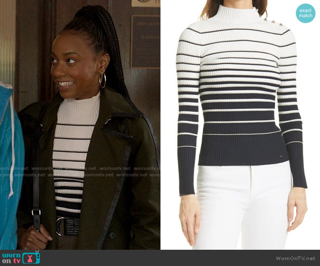 Ted Baker Wanada Stripe Mock Neck Sweater worn by Whitney Chase (Alyah Chanelle Scott) on The Sex Lives of College Girls