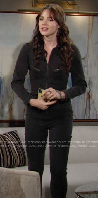 Tessa's black denim zip front jumpsuit on The Young and the Restless