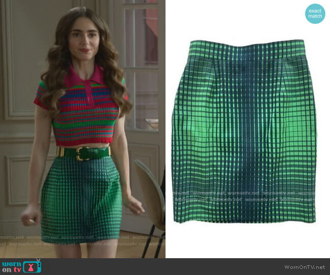 Check Skirt by Thierry Mugler worn by Emily Cooper (Lily Collins) on Emily in Paris