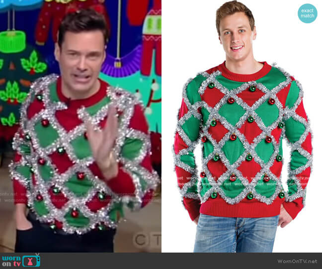 Tacky Tinsel Ugly Christmas Sweater by Tipsy Elves worn by Ryan Seacrest on Live with Kelly and Ryan