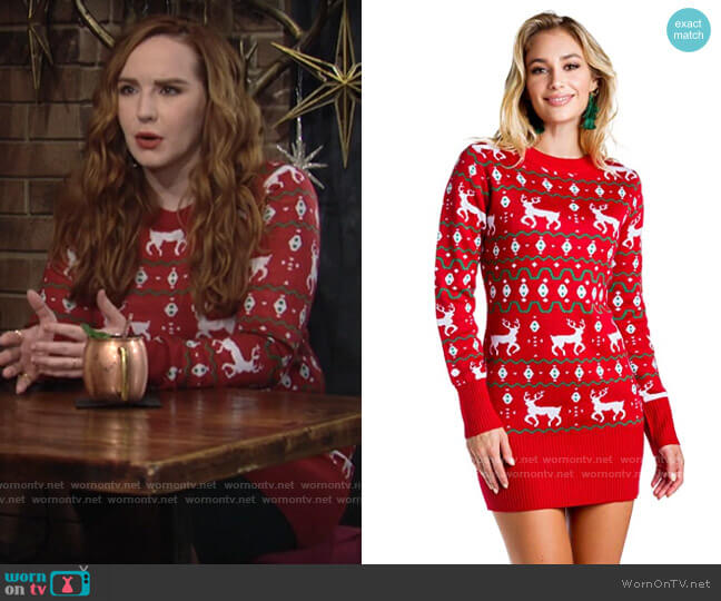 Tipsy Elves Red Reindeer Sweater Dress worn by Mariah Copeland (Camryn Grimes) on The Young & the Restless
