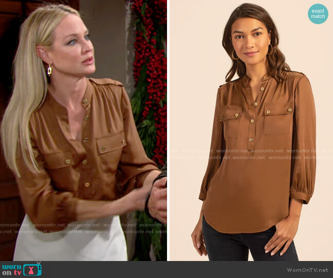 Trina Turk Big Sky Top in Toasted Coconut worn by Sharon Newman (Sharon Case) on The Young and the Restless