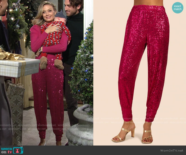 Trina Turk Sparkler 2 Pant in Pink Peacock worn by Abby Newman (Melissa Ordway) on The Young & the Restless