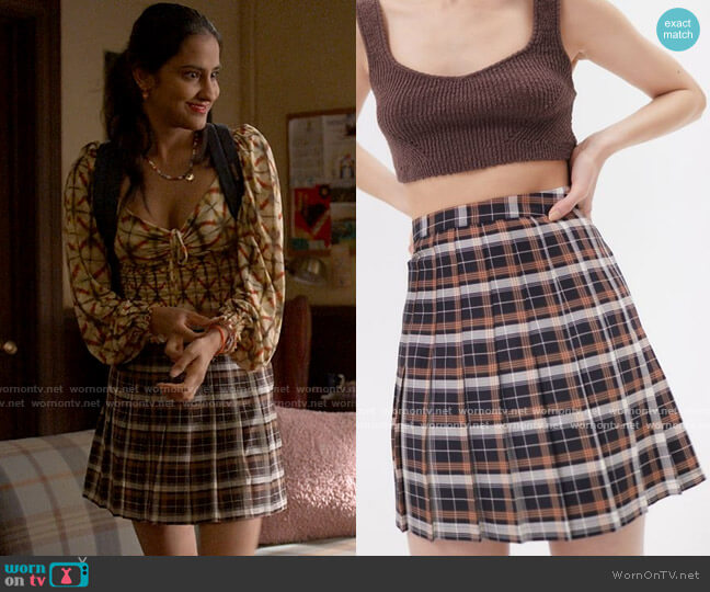 UO Mary Plaid Pleated Mini Skirt worn by Bela Malhotra (Amrit Kaur) on The Sex Lives of College Girls