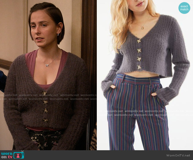 UO Rochelle Fuzzy Cropped Cardigan worn by Kimberly Finkle (Pauline Chalamet) on The Sex Lives of College Girls