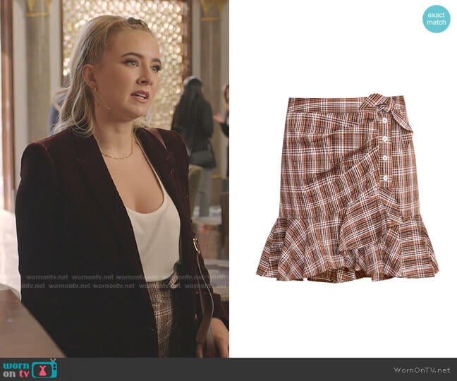 Kaia Plaid Miniskirt by Veronica Beard worn by Amanda Carrington (Eliza Bennett) on Dynasty