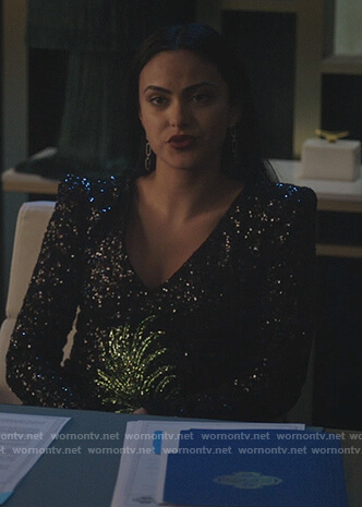 Veronica's black palm sequin dress on Riverdale