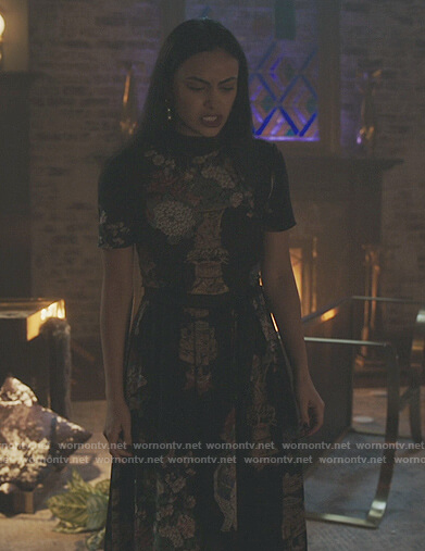 Veronica's black printed turtleneck dress on Riverdale