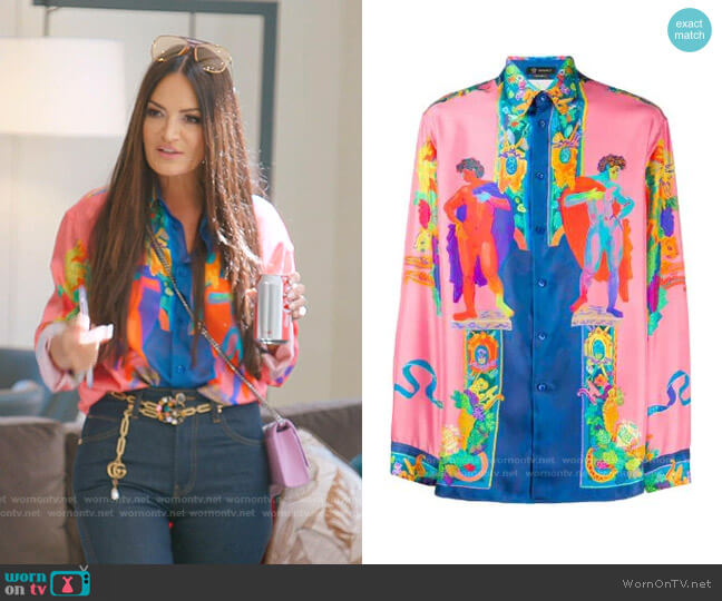 Greek Statue Printed Shirt by Versace worn by Lisa Barlow  on The Real Housewives of Salt Lake City