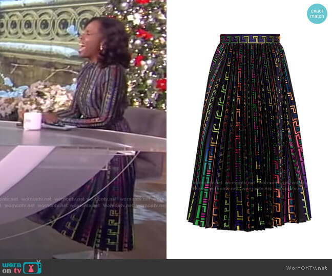Neon Greco Print Pleated Skirt by Versace worn by Deborah Roberts on The View