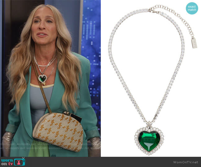 Silver & Green Crystal Heart Necklace by Vetements worn by Carrie Bradshaw (Sarah Jessica Parker) on And Just Like That