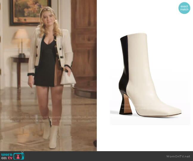 Isa Bicolor Lambskin Zip Booties by Wandler worn by Amanda Carrington (Eliza Bennett) on Dynasty