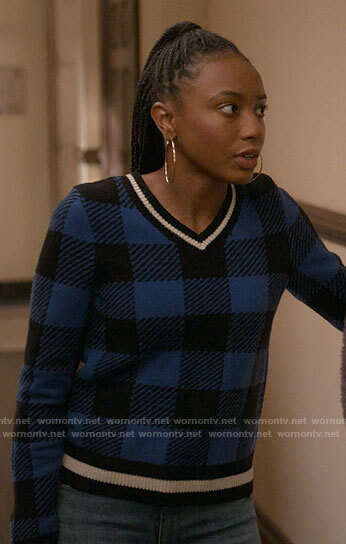 Whitney's blue checked sweater on The Sex Lives of College Girls