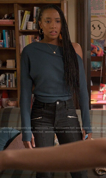 Whitney’s teal off shoulder sweater and zip detail jeans on The Sex Lives of College Girls