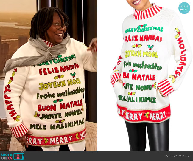Merry Christmas Sweater by Whoopi worn by Whoopi Goldberg on The Drew Barrymore Show