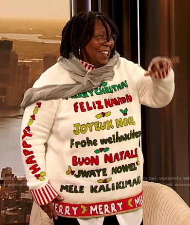 Whoopi's white Christmas sweater on The Drew Barrymore Show