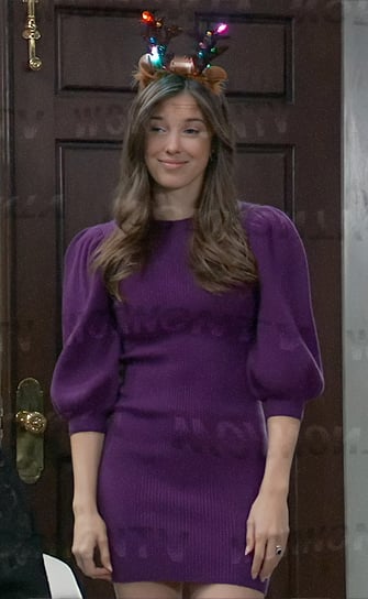 Willow’s purple puff sleeve sweater dress on General Hospital