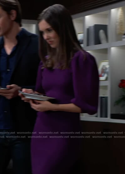 Willow’s purple puff sleeve sweater dress on General Hospital