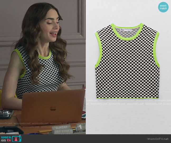 Check Knit Top by Zara worn by Emily Cooper (Lily Collins) on Emily in Paris