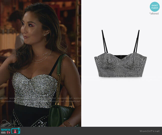 Cropped Sparkly Bustier by Zara worn by Mindy Chen (Ashley Park) on Emily in Paris