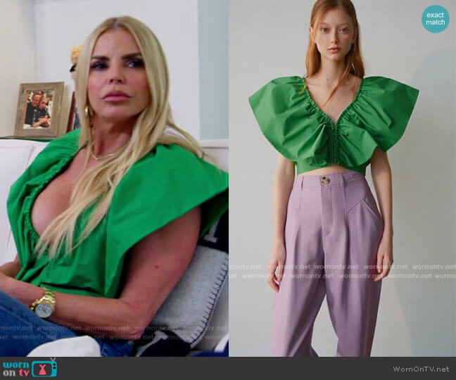 Green Ruffle Poplin Top by Zara worn by Alexia Echevarria  on The Real Housewives of Miami