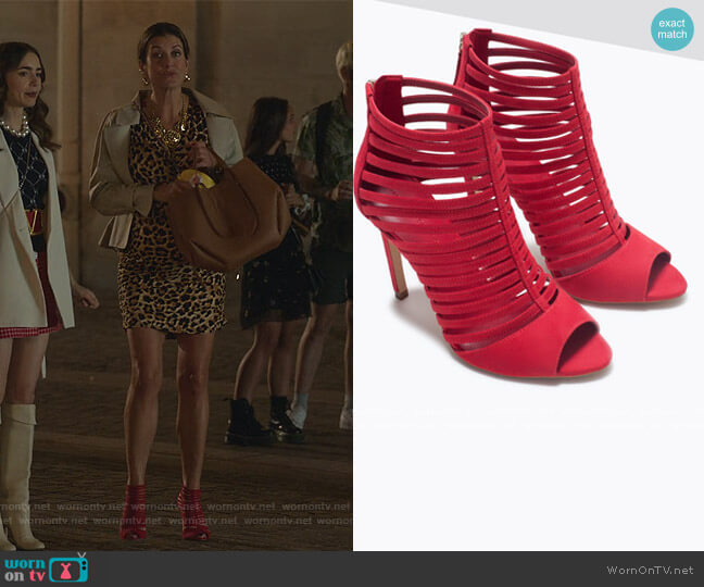 Red Strappy Heels by Zara worn by Kate Walsh on Emily in Paris