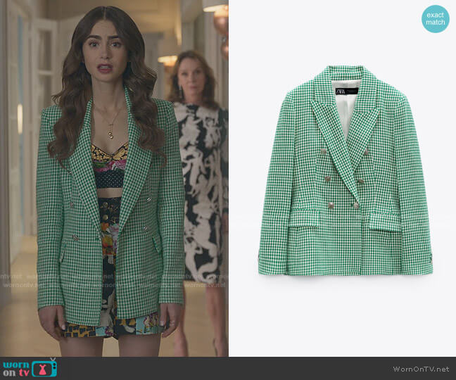 Tailored Houndstooth Blazer by Zara worn by Emily Cooper (Lily Collins) on Emily in Paris