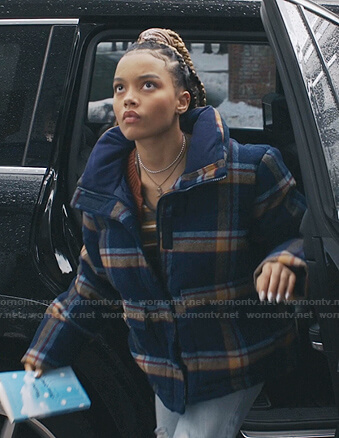 Zoya's blue plaid puffer jacket on Gossip Girl