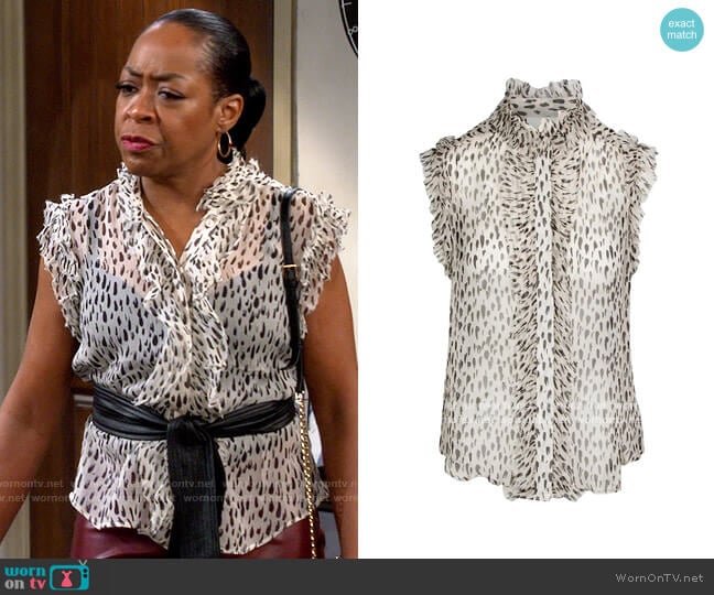 7 For All Mankind Snow Leopard Ruffle Top worn by Tina Butler (Tichina Arnold) on The Neighborhood