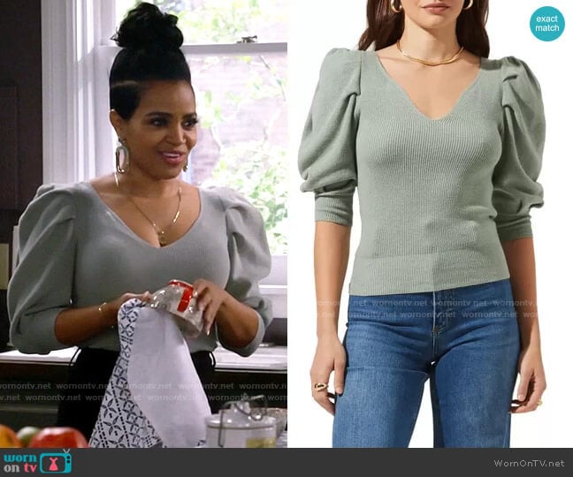 ASTR Puff Sleeve V-Neck Sweater worn by Randi (Kyla Pratt) on Call Me Kat