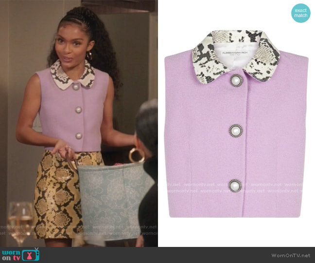 Leather Trimmed Boucle Top by Alessandra Rich worn by Zoey Johnson (Yara Shahidi) on Blackish