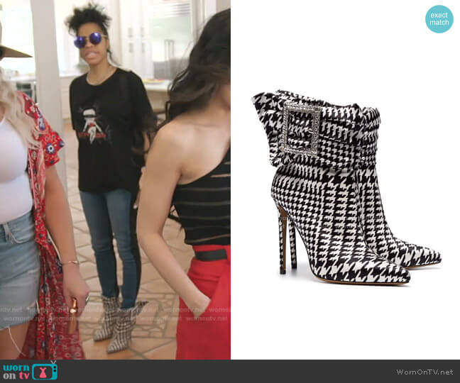 Yasmin 100 Houndstooth Print Buckle Embellished Ankle Boots by Alexandre Vauthier worn by Mary Cosby on The Real Housewives of Salt Lake City