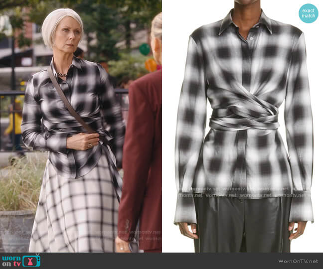 McKenna Plaid Wrap Top by Altuzarra worn by Miranda Hobbs (Cynthia Nixon) on And Just Like That