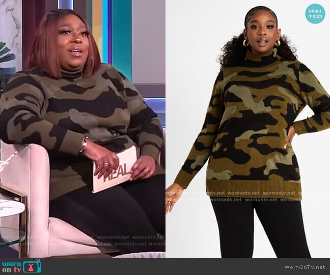 Camo Mock Neck Tunic Sweater by Ashley Stewart worn by Loni Love on The Real