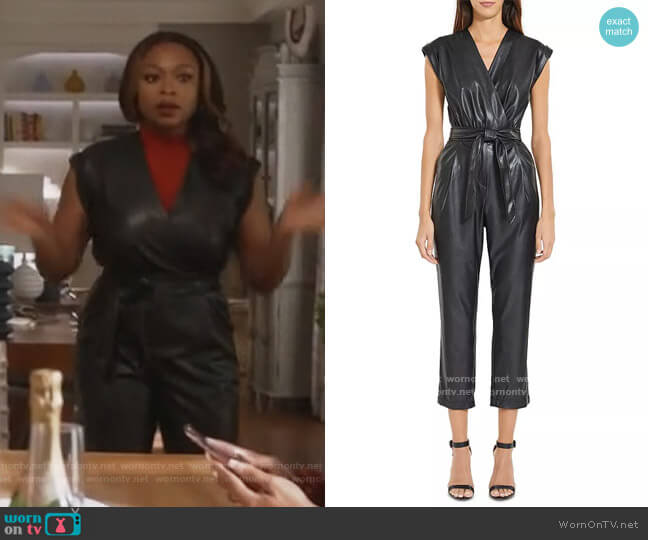 Faux Leather Belted Jumpsuit by BCBGMAXAZRIA worn by Jill (Naturi Naughton) on Queens