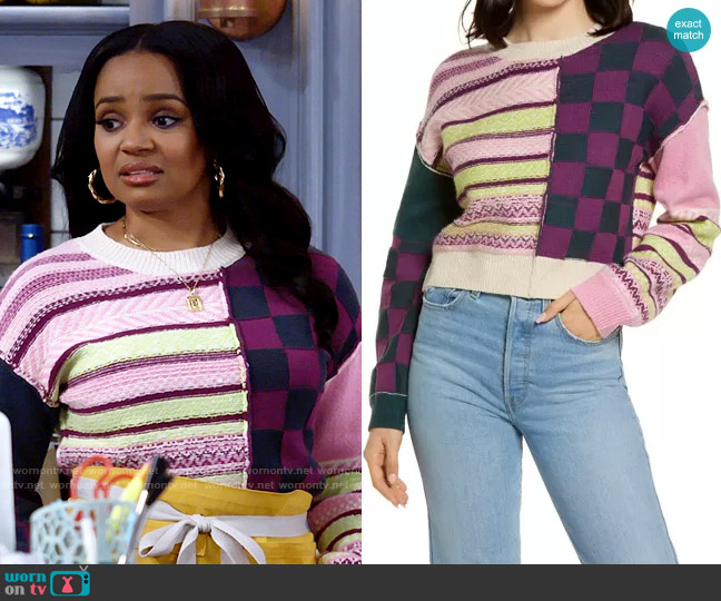 BP Mix Pattern Crewneck Sweater worn by Randi (Kyla Pratt) on Call Me Kat