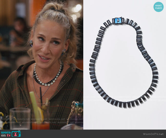 Baguette Tile Riviere Necklace by Nak Armstrong (Thanks @justlikethatcloset) worn by Carrie Bradshaw (Sarah Jessica Parker) on And Just Like That