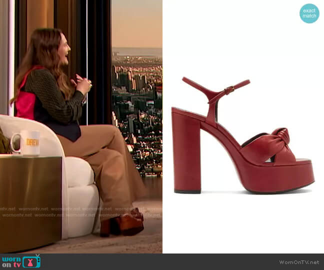 Bianca knotted leather platform sandals by Saint Laurent worn by Drew Barrymore on The Drew Barrymore Show