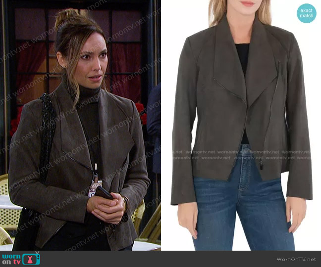 Carina Faux Suede Drape Moto Jacket by Kut from the Kloth worn by Gwen Rizczech (Emily O'Brien) on Days of our Lives